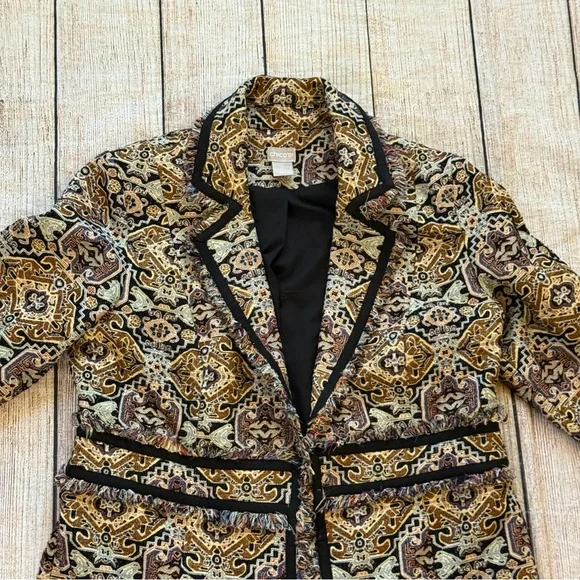 Chico’s Tapestry Jacquard Topper Coat Size 8/10 Fringe-Trim Baroque Brown Tan - Picture 4 of 15